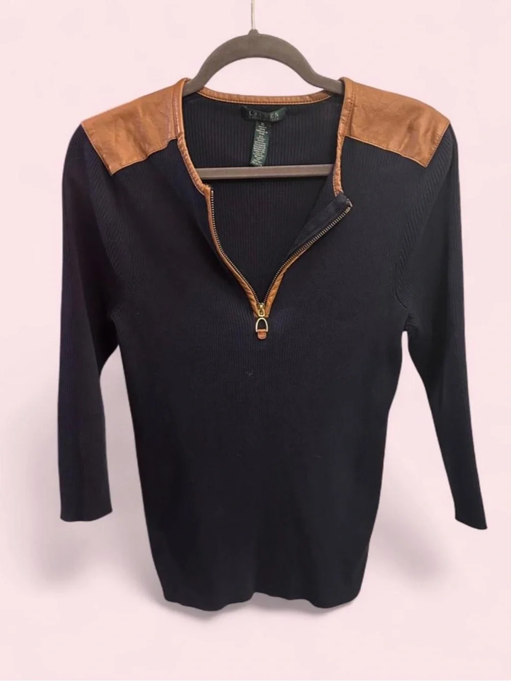 Lauren Ralph Lauren Black Crewneck Sweater with Brown Trim and Zip